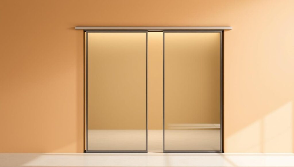 A modern, minimalist sliding door system stands majestically against a warm, neutral-toned wall. The sleek, tempered glass panels glide effortlessly along a streamlined metal track, bathed in soft, even lighting that accentuates the clean lines and high-quality materials. The surrounding space is airy and uncluttered, creating a harmonious, contemporary atmosphere that invites relaxation and sophistication. The sliding door system seamlessly integrates with the overall design, forming a visually striking yet functional focal point that embodies the essence of modern, versatile room partitioning.