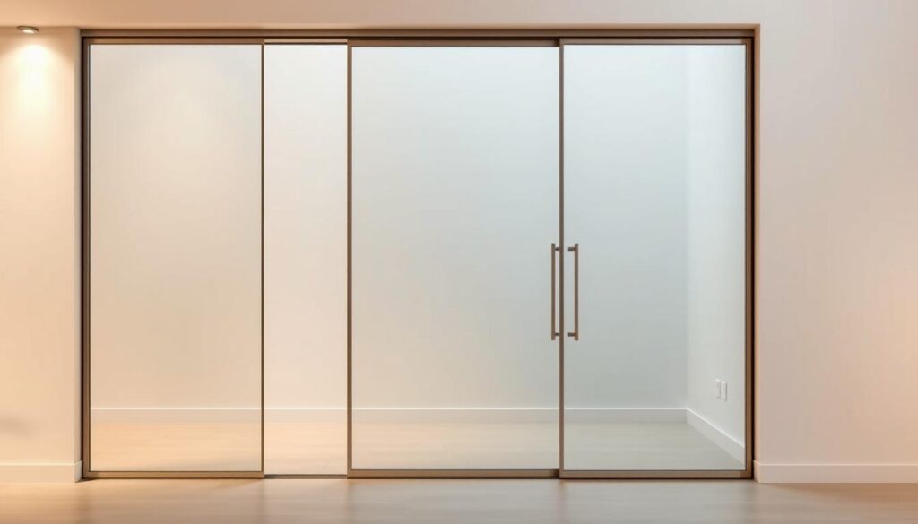 A modern, minimalist sliding door wall system set against a bright, airy backdrop. The clean, frameless glass panels glide effortlessly along a sleek track, seamlessly blending interior and exterior spaces. Warm, diffused lighting from strategically placed fixtures casts a soft glow, creating a welcoming ambiance. The smooth, anodized aluminum hardware complements the high-quality materials, exuding a sense of premium craftsmanship. The overall composition emphasizes the simplicity and functionality of the sliding door solution, showcasing its ability to enhance the flow and aesthetics of any room.