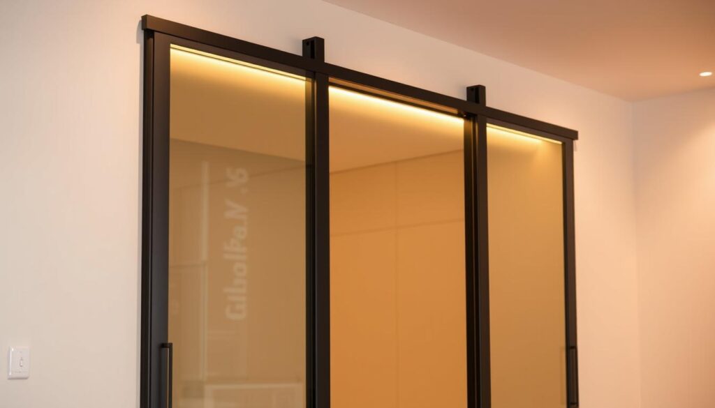 A modern, minimalist sliding door wall system with a sleek, tempered glass panel gliding smoothly along a matte black track. The door frames are constructed from sturdy, powder-coated aluminum, seamlessly integrated into the surrounding wall. Warm, indirect lighting illuminates the scene, casting a soft, inviting glow. The high-quality materials and streamlined design create a sophisticated, clutter-free atmosphere, perfectly suited for a contemporary living or workspace. The overall composition emphasizes the clean lines, natural textures, and seamless functionality of this complete sliding door solution.