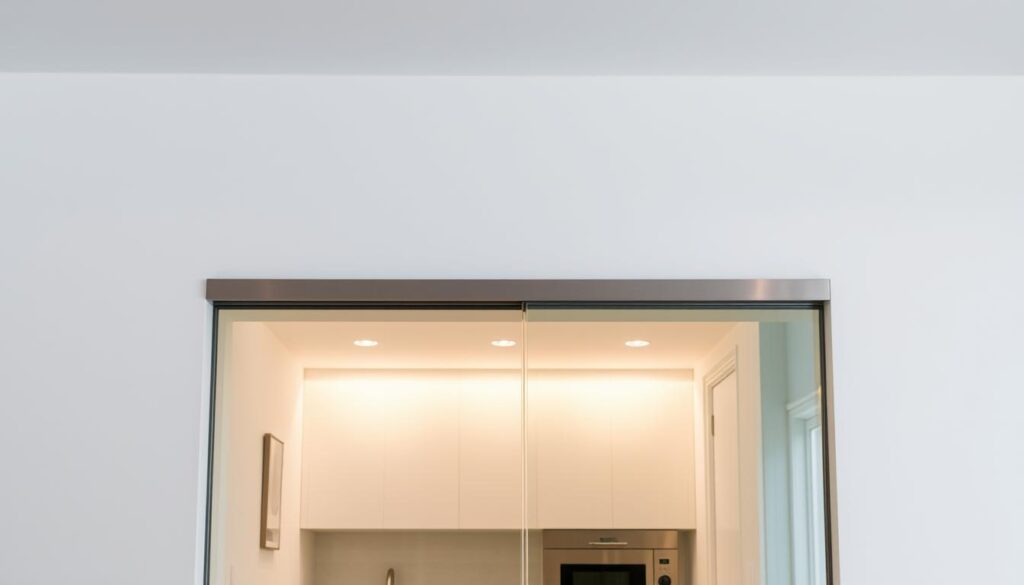 A modern, minimalist sliding glass door set against a sleek, white wall. The tempered glass panels glide effortlessly on a sturdy, brushed metal track, creating a seamless, open flow between spaces. Soft, diffused lighting from overhead casts a warm, inviting glow, highlighting the transparent panels and the subtle, contemporary hardware. The frameless design blends harmoniously with the clean, uncluttered aesthetic of the kitchen, bathroom, or living area, seamlessly integrating the indoor and outdoor environments. A versatile, space-saving solution that adds an elegant, architectural touch to any room.