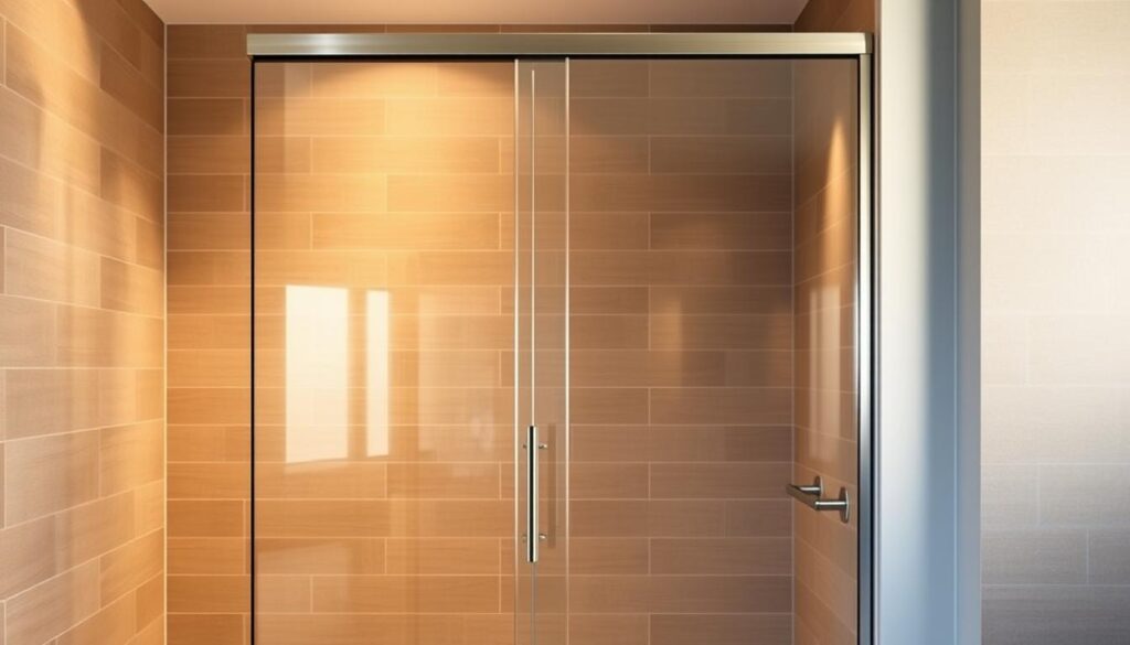 A modern, minimalist sliding glass shower door set against a tiled bathroom backdrop. The door's sleek, frameless design maximizes the sense of openness and spatial flow. Warm, indirect lighting from concealed sources casts a soft, inviting glow, highlighting the door's crystal-clear glass panels. The door slides effortlessly on a high-quality track system, enabling smooth, quiet operation. The overall scene conveys a serene, spa-like ambiance, perfectly suited for the "Schiebetür für die Dusche: maximaler Komfort bei minimalem Platzbedarf" section.