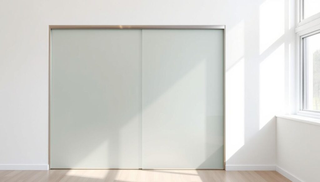 A modern, minimalist sliding wall panel in a bright, airy room. The panel is made of sleek, frosted glass that slides effortlessly along a brushed metal track. Soft, natural light filters through the translucent surface, creating a sense of openness and airiness. The wall panel is flush with the surrounding drywall, seamlessly blending into the architecture. The room beyond is visible through the glass, hinting at the versatility and space-saving benefits of this customizable schiebetür solution. The overall mood is one of clean, contemporary design that elevates the functionality of the sliding wall panel.