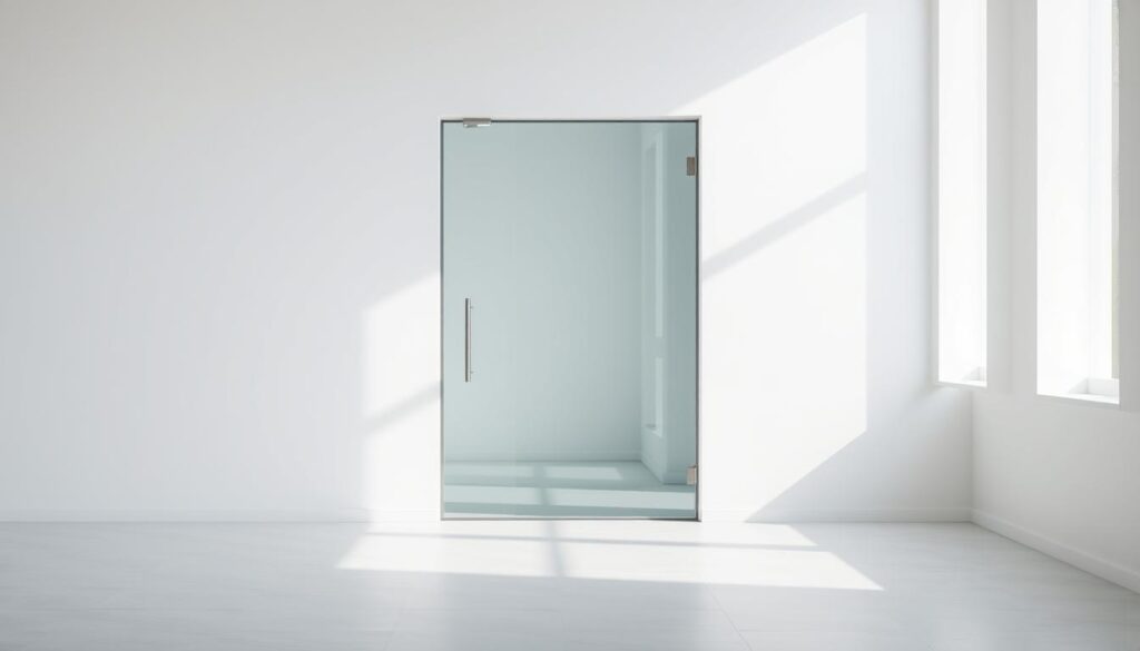 A modern, sleek ganzglastür (all-glass door) set in a minimalist interior, illuminated by soft, diffused natural lighting filtering through large windows. The frameless, seamless glass panel appears to float effortlessly, its crystal-clear surface reflecting the surrounding space. The door's precise, custom dimensions harmonize with the room's clean-lined architecture, creating a sense of unity and flow. Subtly curved edges and a barely-there metal hardware complement the door's elegant simplicity. The overall atmosphere is one of understated sophistication, where the ganzglastür serves as a transparent, unobtrusive portal between connected spaces.