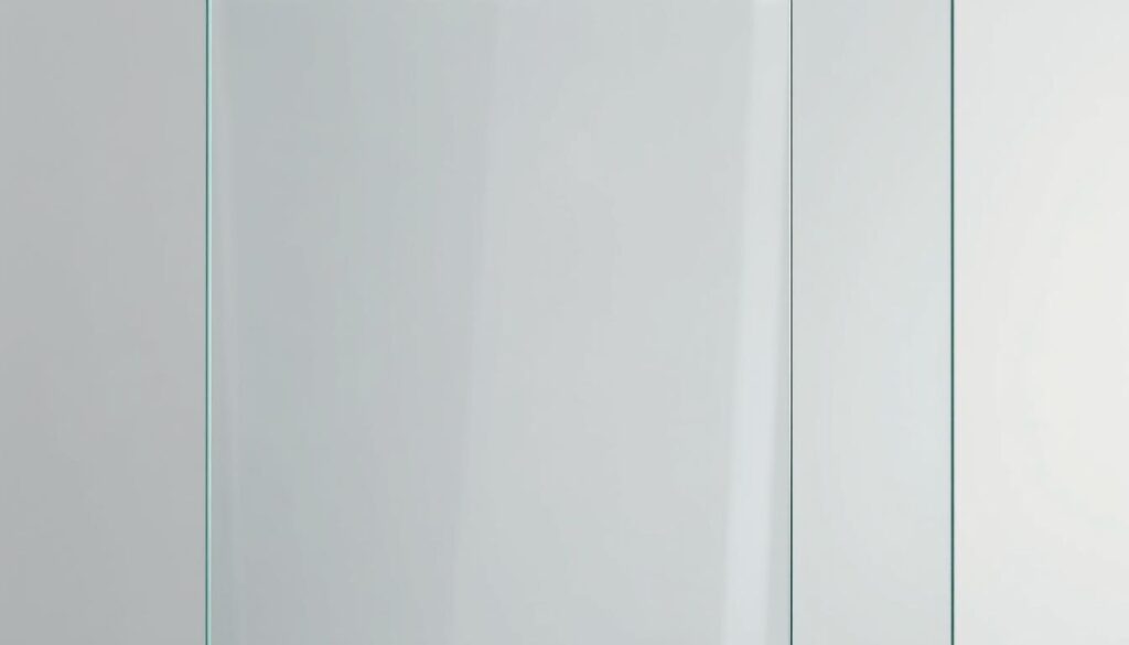 A modern, sleek glass panel with a minimalist, seamless design. The glass surface appears smooth and reflective, casting a subtle sheen under soft, indirect lighting. The composition focuses on the glass itself, showcasing its elegant simplicity and versatility as an architectural element. The background is a muted, neutral tone, allowing the glass to take center stage and highlighting its potential to complement a variety of interior design styles, from contemporary to traditional. The perspective is slightly elevated, capturing the glass panel in a way that emphasizes its clean lines and sophisticated aesthetic.