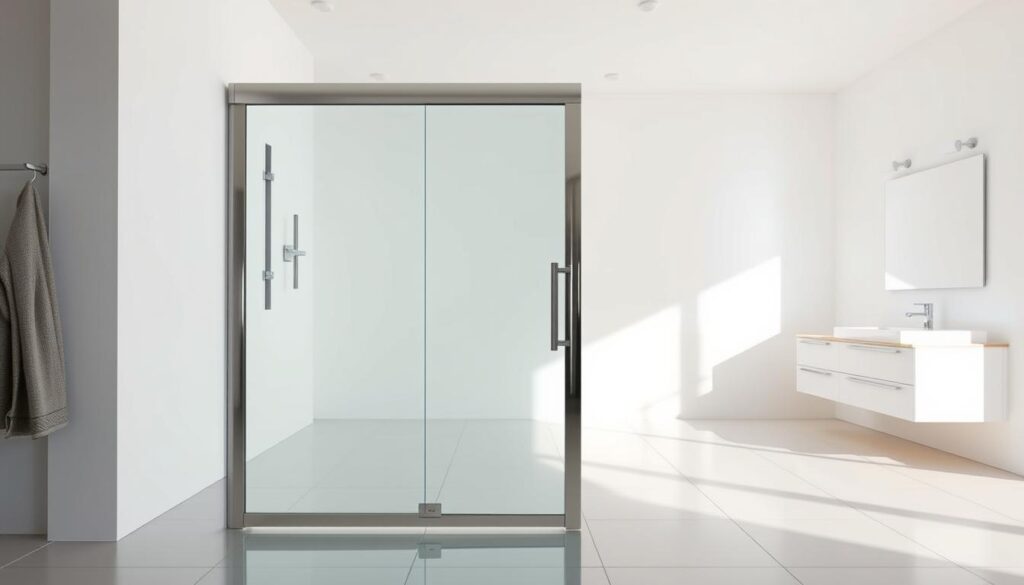A modern, sleek glass shower door in a well-lit, minimalist bathroom. The door is made of high-quality tempered glass, with a polished chrome frame and smooth, seamless sliding mechanism. The door is positioned in the foreground, casting a subtle reflection on the tiled floor. The background features clean, white walls and a contemporary vanity unit, creating a sense of spaciousness and sophistication. Soft, diffused lighting from overhead fixtures casts a warm, inviting glow, highlighting the transparency and clarity of the glass. The overall atmosphere conveys a sense of luxury, comfort, and attention to detail, perfectly suited for a high-end bathroom design.