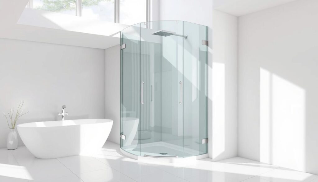 A modern, sleek glass shower enclosure with a minimalist design. Positioned in a bright, well-lit bathroom with clean, white tiles and natural light streaming in through large windows. The glass panels have a seamless, frameless construction, creating an open, airy feel. Subtle chrome hardware accents the design, adding a touch of sophistication. The overall atmosphere is one of tranquility and spa-like serenity, inviting the viewer to imagine the experience of stepping into this luxurious duschkabine.