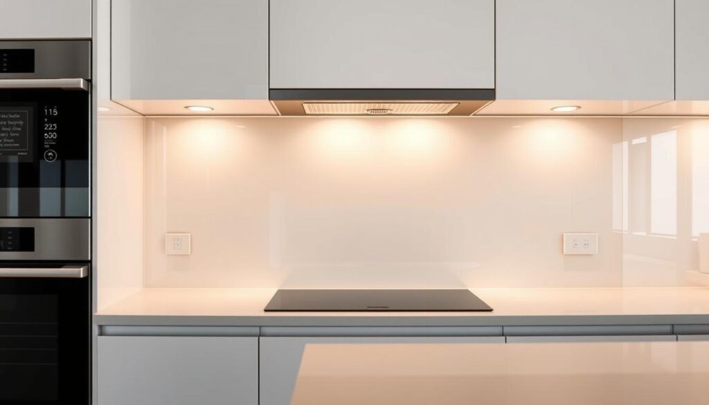 A modern, sleek kitchen backsplash in a minimalist, high-gloss finish. The surface reflects the soft, warm lighting, creating an inviting and polished ambiance. Crisp, clean lines and a seamless, frameless design allow the material to be the focal point, whether it's a tempered glass panel, stainless steel, or a smooth, neutral-toned tile. The backsplash extends from the countertop to the underside of the upper cabinets, providing a durable and easy-to-clean surface that protects the walls. Photographed at a low angle to emphasize the backsplash's size and scale within the kitchen, with the surrounding cabinetry and appliances slightly blurred to keep the focus on the customized, made-to-measure backsplash.