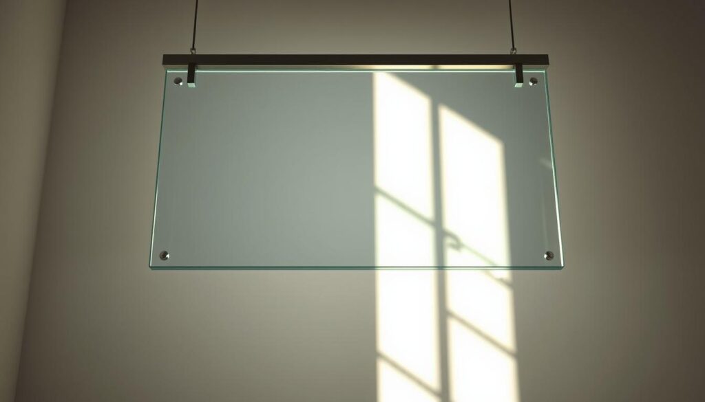 A modern, sleek pendeltür design featuring a frameless glass panel suspended from a minimalist, brushed metal track system. The glass panel appears to float effortlessly, casting elegant reflections on the surrounding surfaces. The lighting is soft and diffused, creating a warm, inviting atmosphere. The composition showcases the pendeltür's minimalist aesthetic, emphasizing its clean lines and seamless integration with the architectural space. The overall mood is one of sophisticated simplicity, highlighting the pendeltür's role as a versatile and visually striking design element.