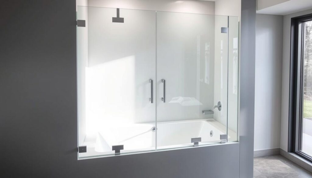 A modern, sleek shower enclosure made of tempered glass, installed seamlessly in a contemporary bathroom setting. The glass panels are precisely measured and cut to fit the contours of the bathtub, creating a seamless transition between the tub and shower area. Soft, diffused lighting illuminates the space, highlighting the clarity and quality of the glass. The enclosure is framed by clean, minimalist hardware in a matte finish, complementing the overall aesthetic. The bathroom features a neutral color palette, with natural stone tiles or polished concrete flooring, and a large window that floods the room with natural light. The entire scene exudes a sense of luxury, functionality, and attention to detail.
