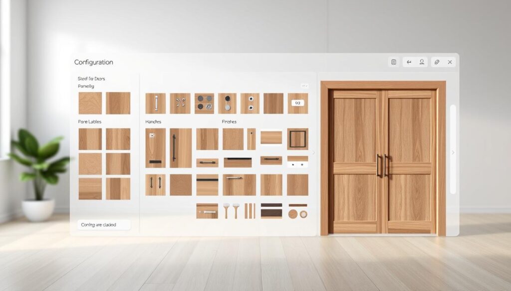 A modern, sleek wooden sliding door configuration interface set against a clean, minimalist backdrop. The foreground features a detailed 3D model of the door system, showcasing various wood grain textures, hardware, and customization options. The middle ground presents a selection of design elements like paneling, handles, and finishes that can be interactively mixed and matched. The background has a softly blurred, white studio environment with subtle ambient lighting, allowing the configuration tools to take center stage. An overall sense of simplicity, flexibility, and high-end craftsmanship permeates the scene.