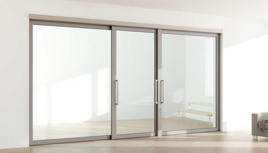 A modern sliding glass door system with a sleek aluminum frame in a muted silver tone. The transparent panes of tempered glass create a seamless, minimalist aesthetic, allowing natural light to flood the space. The sliding mechanism operates on smooth, silent rollers, effortlessly gliding open and closed. The complete set includes all necessary hardware for a straightforward installation, from the sturdy tracks to the ergonomic handles. Soft, neutral lighting illuminates the scene, casting gentle shadows and highlighting the high-quality craftsmanship. A clean, uncluttered background showcases the schiebetür komplettset in all its functional and visual appeal.