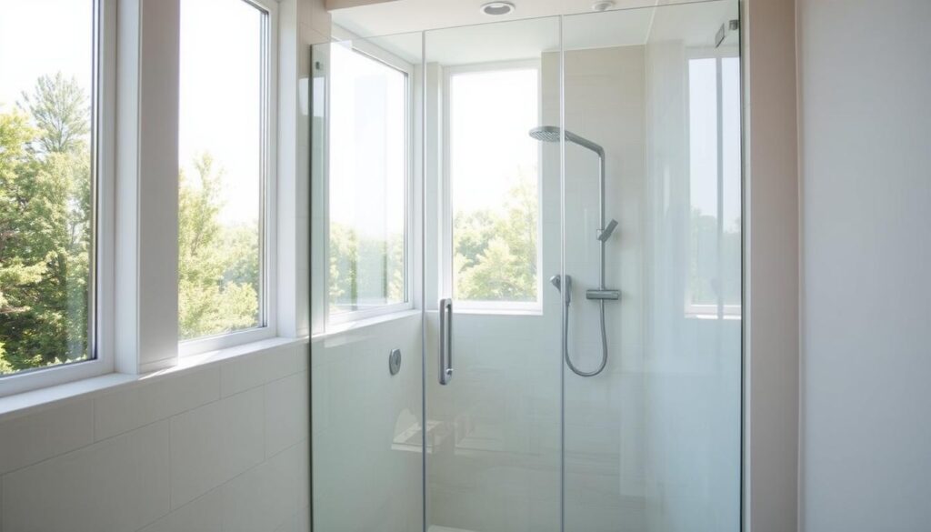 A modern, spacious walk-in shower with a sleek glass partition, allowing for an unobstructed view and maximizing the sense of openness in the bathroom. The glass panel is frameless, seamlessly integrated into the design, creating a minimalist and sophisticated aesthetic. Abundant natural light streams in through large windows, illuminating the clean, tiled surfaces and accentuating the reflective qualities of the glass. The shower area features a rain showerhead, providing a luxurious, spa-like experience. The overall impression is one of a bright, airy, and accessible bathroom space, perfectly suited for a contemporary home.