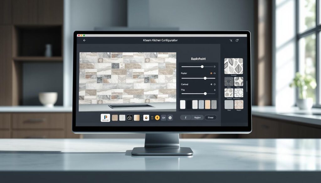 A modern, stylish kitchen configurator displayed on a sleek, minimalist computer screen. The foreground features a rendered 3D model of a customizable kitchen backsplash, with various tile patterns, textures, and colors to choose from. The middle ground showcases intuitive user interface controls, sliders, and buttons for adjusting the backsplash design. The background depicts a softly blurred, natural lighting environment, creating a sense of depth and professionalism. The overall mood is one of thoughtful, user-friendly design that empowers the viewer to visualize their dream kitchen backsplash. Realistic lighting, reflections, and subtle shadows enhance the digital product's tangibility.