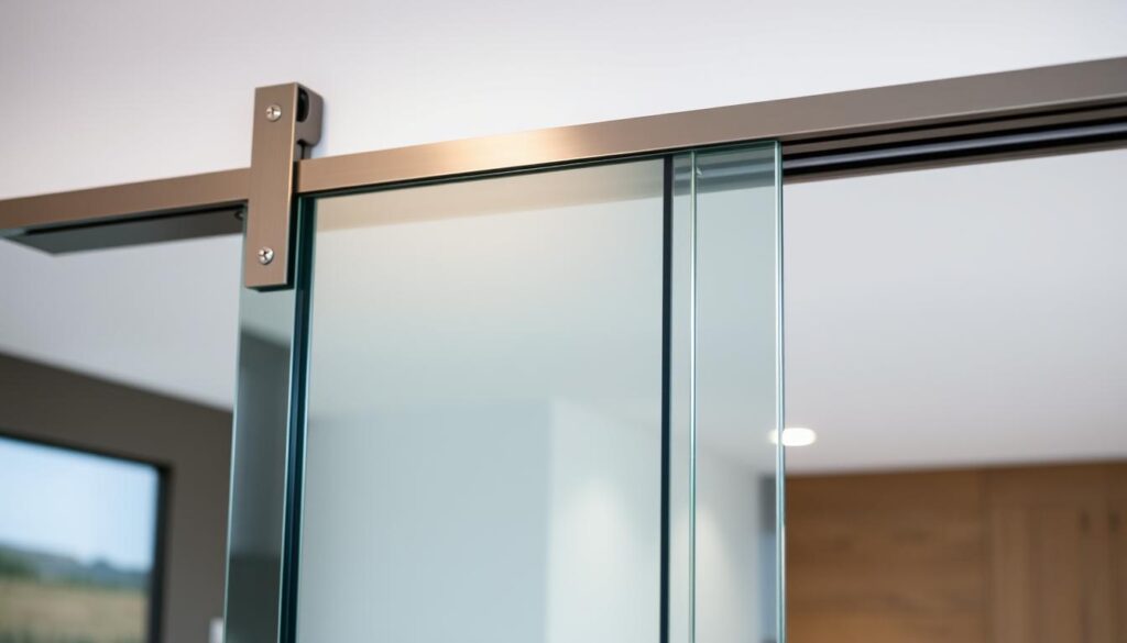 A modern, well-crafted glass sliding door, its smooth surface gleaming under soft, diffused lighting. The frame is made of sturdy, high-quality German steel, polished to a sleek finish. The tempered glass panels are crystal clear, free of imperfections, reflecting the surrounding environment with clarity. The door glides effortlessly along its track, its mechanism engineered for precision and longevity. This is a testament to German engineering excellence, a functional yet aesthetically pleasing addition to any living space, designed to enhance the visual appeal and flow of the room.
