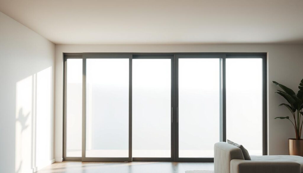 A modern, well-crafted sliding glass door in a bright, airy interior. The sleek, frameless design features high-quality tempered glass panels that glide smoothly on a concealed track system. Soft, diffused natural light filters through the glass, creating a warm, inviting atmosphere. The minimalist, streamlined appearance seamlessly integrates with the room's contemporary decor, evoking a sense of sophistication and functionality. Angle the camera to showcase the door's clean lines and effortless operation, emphasizing its suitability as a versatile, space-saving solution for any living space.