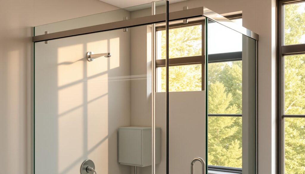 A modern, well-designed shower enclosure with tempered glass panels reflecting the warm, natural light filtering through a large window. The streamlined, frameless design blends seamlessly into the sleek, minimalist bathroom decor, creating a spa-like ambiance. Crisp, clean lines and a polished chrome hardware finish accentuate the premium quality. The glass panels appear to almost float, suspended in an elegant, unobtrusive manner that maximizes the sense of openness and spaciousness. The overall impression is one of high-end sophistication, tailored to the user's exacting specifications and seamlessly integrated into the luxurious, personalized bathroom setting.