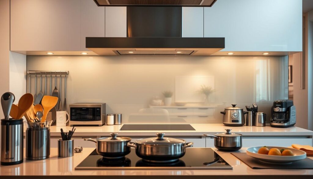 A modern, well-equipped kitchen with a sleek, tempered glass backsplash that provides ample splatter protection. The glass gleams under the warm, overhead lighting, creating a subtle, reflective surface that enhances the kitchen's clean, minimalist aesthetic. In the foreground, various kitchen utensils and appliances are neatly arranged, showcasing the backsplash's practical functionality in daily use. The mid-ground features a tidy, organized counter space, while the background depicts a tastefully decorated kitchen interior with neutral tones and accents, conveying a sense of sophistication and culinary excellence. The overall scene exudes a harmonious balance of form and function, highlighting how a well-designed spritzschutz can elevate the style and utility of a modern kitchen.