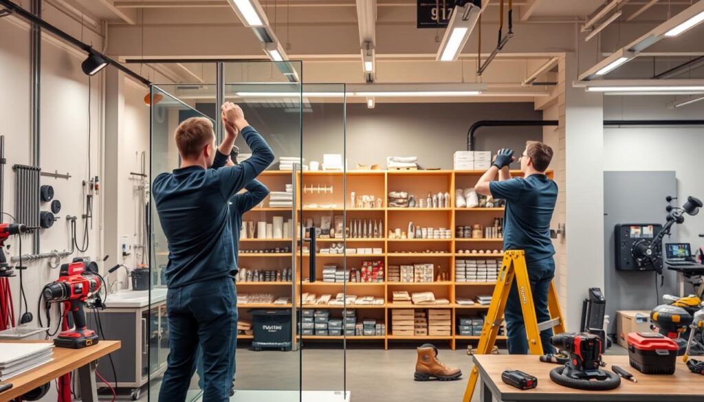 A modern, well-equipped workshop with various power tools and installation equipment. In the foreground, a team of skilled technicians carefully assembling a sleek, frameless glass shower enclosure, their movements precise and efficient. Ample lighting from overhead fixtures casts a warm, professional glow across the scene. In the middle ground, neatly organized shelves display an array of shower hardware and accessories, hinting at the comprehensive service provided. The background reveals a clean, organized workspace, conveying a sense of expertise and attention to detail. The overall atmosphere is one of focused productivity, reflecting the reliable, high-quality installation process offered by Glastürhop24.