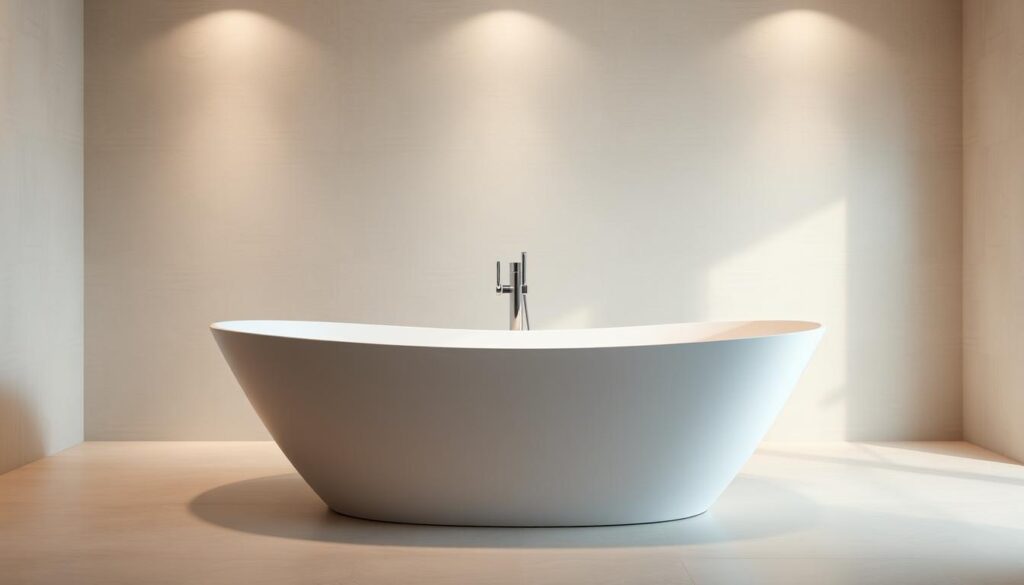 A modern, well-lit bathroom interior showcasing a sleek, freestanding bathtub. The tub is the central focus, sitting atop a tiled floor with a minimalist design. The background features a neutral-toned wall with subtle texturing, creating a serene and spa-like ambiance. Soft, diffused lighting from recessed fixtures casts a warm glow, highlighting the tub's clean lines and polished surface. The composition emphasizes the tub's size and proportions, inviting the viewer to imagine the luxurious experience of soaking in its depths. The overall scene conveys a sense of relaxation, comfort, and high-end sophistication.