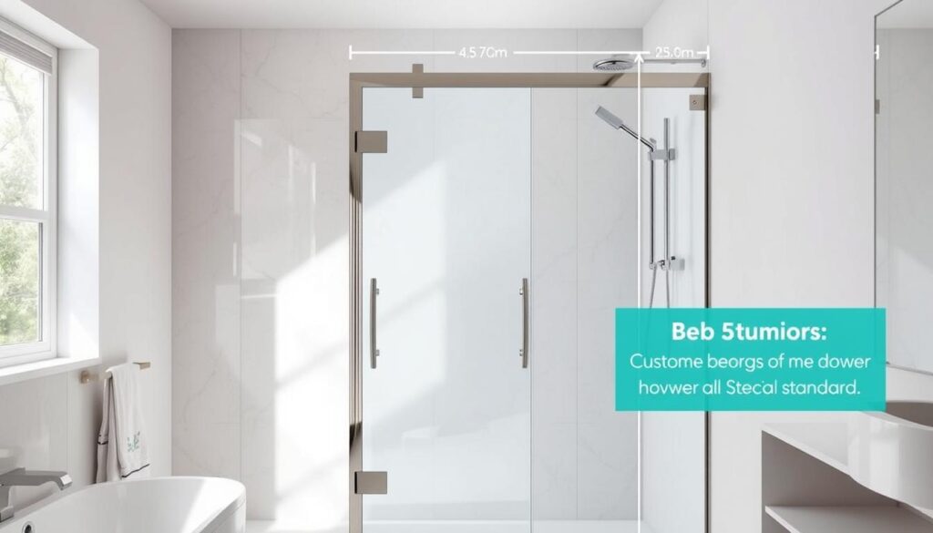A modern, well-lit bathroom interior showcasing a sleek glass shower door. The door's dimensions are prominently displayed, with the width, height, and depth measurements precisely delineated in a clear, easy-to-read format. The glass panels reflect the clean, minimalist aesthetic of the space, allowing natural light to filter through. Subtle shadows and reflections accentuate the door's seamless integration into the overall design. The image conveys a sense of sophisticated functionality, highlighting the versatility of customizable shower solutions for both standard and unique spaces.