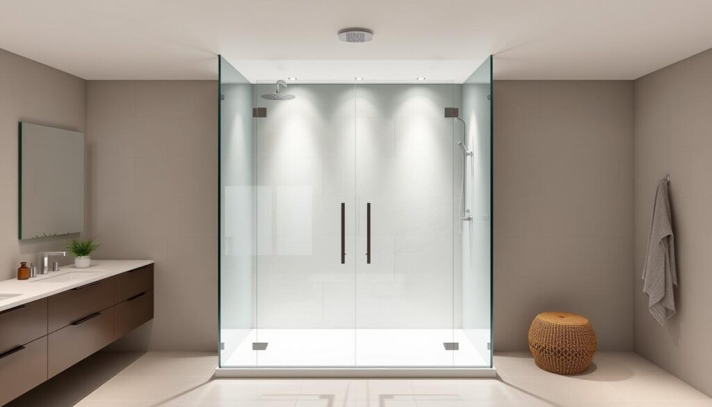 A modern, well-lit bathroom interior with a sleek, frameless glass shower enclosure taking center stage. The shower doors are made of high-quality tempered glass, meticulously crafted to seamlessly integrate with the minimalist design aesthetic. Soft, directional lighting highlights the transparency and clean lines of the enclosure, creating a serene, spa-like ambiance. The bathroom vanity and tile work provide a neutral, complementary backdrop, allowing the shower doors to be the focal point. The overall composition emphasizes the custom-fit, bespoke nature of the shower enclosure, showcasing the precision and expertise of the Glastürhop24 brand.