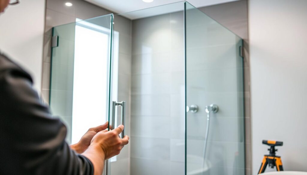 A modern, well-lit bathroom setting with a sleek, frameless glass shower enclosure taking center stage. The enclosure features seamless, transparent glass panels that blend seamlessly with the surrounding tile and fixtures. In the foreground, the hands of an installer are carefully positioning the glass panels, demonstrating the precision and attention to detail required for the installation process. The middle ground showcases the various tools and hardware necessary for the installation, while the background features a minimalist, neutral-toned color palette that accentuates the clean, contemporary aesthetic. The overall scene conveys a sense of professionalism, efficiency, and a commitment to delivering a high-quality product and service.