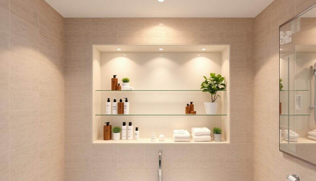 A modern, well-lit bathroom with a large, recessed glass niche in the tiled wall. The niche is set at eye level, with clean, minimalist shelves to display toiletries and decor. Soft, even lighting from above casts a warm glow, complementing the neutral tile colors. The niche is proportionally sized to the bathroom, creating a balanced, harmonious visual. Various bath products, towels, and plants populate the shelves, suggesting practical yet stylish usage. The entire scene conveys a sense of tranquility, organization, and attention to detail in bathroom design.