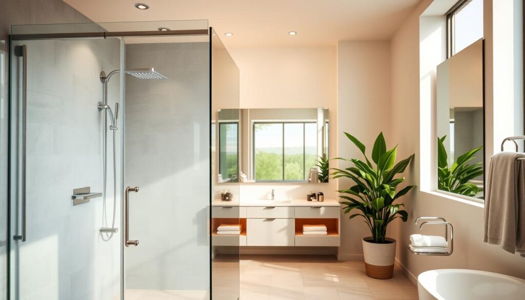 A modern, well-lit bathroom with a sleek, frameless glass shower enclosure dominating the foreground. The glass panels reflect the soft, warm lighting, creating a sense of depth and sophistication. The shower's minimalist design seamlessly blends with the high-end tile work and chrome fixtures, exuding a spa-like ambiance. The middle ground showcases a spacious vanity with a large mirror, complementing the clean, contemporary aesthetic. In the background, a lush potted plant and a few artfully placed towels add subtle touches of nature and comfort, completing the luxurious, yet functional, bathroom scene.