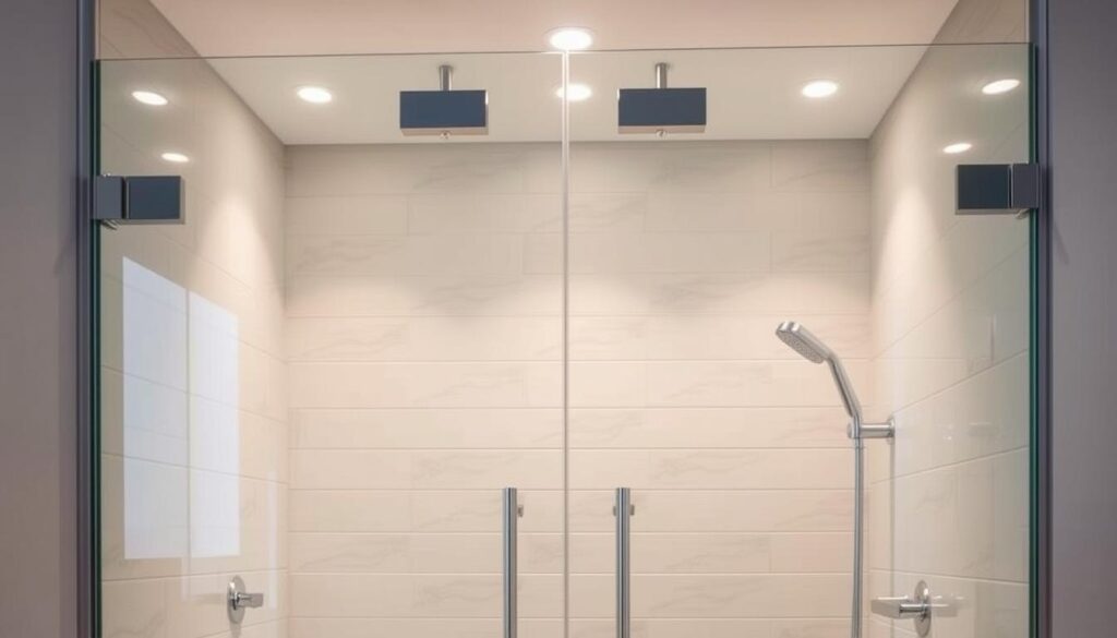 A modern, well-lit bathroom with a sleek, frameless glass shower enclosure taking center stage. The shower doors are made of tempered, crystal-clear glass that seamlessly blends with the surrounding tiles, creating a cohesive, high-end aesthetic. The doors are strategically positioned to maximize the available space, allowing for easy access and movement within the shower area. Subtle, polished metal hardware accents the glass, adding a touch of sophistication. Diffused lighting from recessed fixtures casts a warm, inviting glow, highlighting the transparency and reflective qualities of the glass. The overall composition emphasizes the tailored, customizable nature of the shower doors, showcasing their ability to elevate the bathroom's design and functionality.