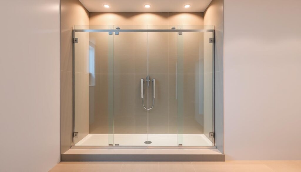 A modern, well-lit bathroom with a sleek, rectangular shower enclosure prominently displayed. The shower tray features smooth, glossy tiles in a neutral color scheme, creating a clean, minimalist aesthetic. The enclosure's frameless glass panels are meticulously measured, showcasing the precise dimensions and proportions that enable a seamless, custom-fit installation. Subtle, recessed lighting casts a warm glow, accentuating the luxurious, spa-like atmosphere. The composition emphasizes the importance of accurately measuring the available space to ensure a perfect, tailored fit for the shower enclosure, reflecting the article's focus on "Größen, Maße und Einbau."