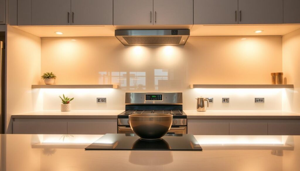 A modern, well-lit glass backsplash dominates the kitchen scene. Sleek, tempered glass panels are illuminated by a series of energy-efficient LED lights, casting a warm, inviting glow throughout the space. The lighting is precisely calibrated, creating a harmonious balance between functionality and ambiance. The glass surface reflects the surrounding kitchen, creating a sense of depth and mirroring the room's elegant design. Soft shadows and highlights accentuate the glass's smooth, premium finish, evoking a high-end, luxurious aesthetic. The overall effect is a cohesive, visually striking kitchen backdrop that enhances the modern, well-appointed atmosphere.