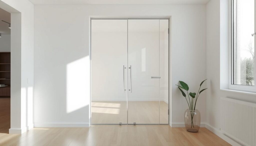 A modern, well-lit glass door in a minimalist interior setting. The ganzglastür (all-glass door) is made of high-quality, transparent tempered glass that seamlessly blends with the surrounding walls. Soft, diffused natural light from large windows illuminates the space, creating a bright, airy atmosphere. The door's clean lines and sleek hardware contribute to an elegant, contemporary design aesthetic. The door's transparency allows for an unobstructed view, enhancing the sense of openness and visual flow between the connected rooms. A subtle, reflective quality in the glass adds depth and visual interest. The overall scene conveys a serene, sophisticated ambiance befitting a high-end residential or commercial space.
