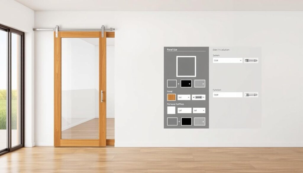 A modern, well-lit interior space showcasing a sleek, customizable sliding door system. In the foreground, a wood-framed glass door glides effortlessly along a clean, minimalist track. The middle ground features a detailed configuration interface, allowing the user to select options like panel size, frame material, and hardware finishes. In the background, a neutral-toned wall provides a crisp, uncluttered backdrop, highlighting the sophisticated design of the sliding door solution. The overall scene conveys a sense of streamlined elegance and personalized functionality, reflecting the tailored solutions available for homeowners.