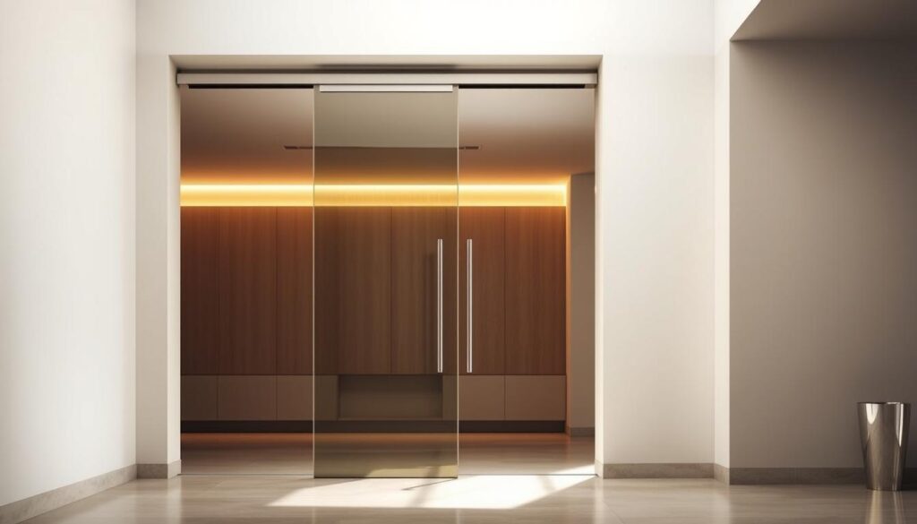 A modern, well-lit interior space with a striking pendulum door as the focal point. The door's sleek, minimalist design features a full-length glass panel suspended from a discreet metal frame, allowing for seamless movement and clear visibility. The lighting casts a warm, inviting glow, highlighting the door's elegant lines and the smooth, effortless swing as it opens and closes. The background showcases a neutral color palette and clean, uncluttered architecture, emphasizing the door's functional beauty and integration into the overall design. A sense of simplicity, balance, and high-quality craftsmanship pervades the scene, reflecting the innovative and premium nature of the pendulum door concept.