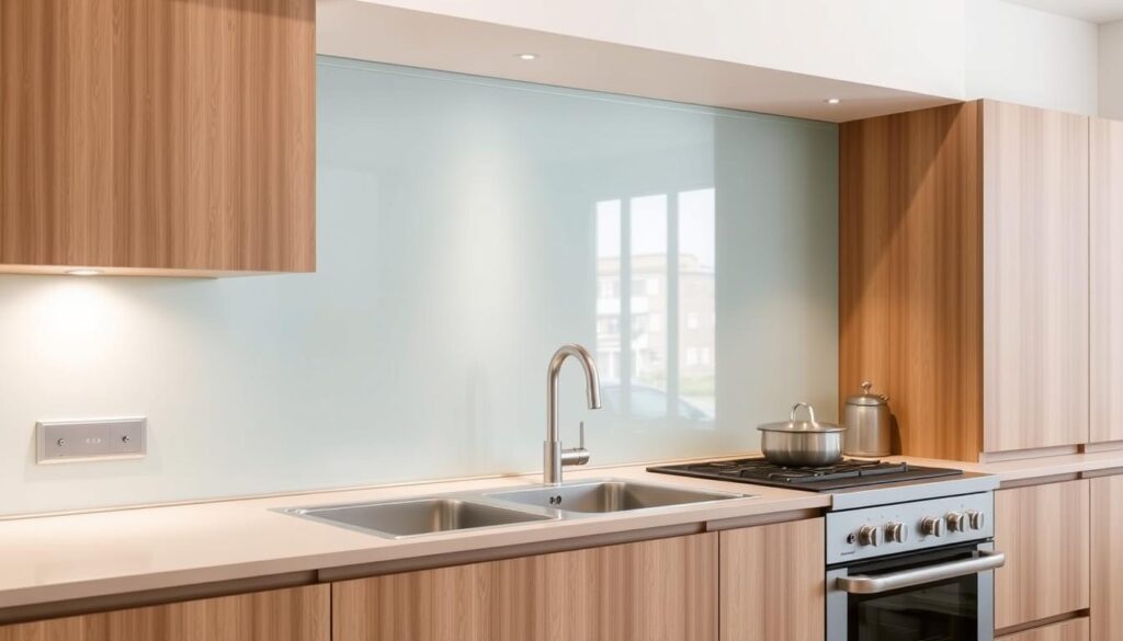 A modern, well-lit kitchen featuring a sleek glass splashback (Spritzschutz) that stretches from the countertop to the overhead cabinets. The glass panel has a subtle, slightly textured surface that catches the light elegantly. The splashback seamlessly blends into the kitchen's minimalist aesthetic, providing a clean, unobtrusive backdrop for the stainless steel appliances and wooden cabinetry. Soft, diffused lighting illuminates the space, creating a warm and inviting atmosphere. The glass splashback not only protects the wall from cooking splatter but also adds a touch of sophistication and timeless style to the kitchen design.