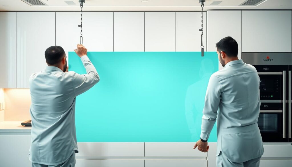 A modern, well-lit kitchen interior with a sleek, tempered glass backsplash being carefully delivered and installed by two skilled technicians in crisp white uniforms. The glass panel glistens under warm, directional lighting, highlighting its smooth, seamless surface and elegant, frameless design. In the background, a pristine, state-of-the-art kitchen workspace with stainless steel appliances and clean, minimalist cabinetry creates a sense of sophisticated German engineering and attention to detail. The overall scene conveys a feeling of precision, quality, and flawless execution - reflecting the "Made in Germany, fresh, fast & ready" ethos of the kitchen backsplash product.