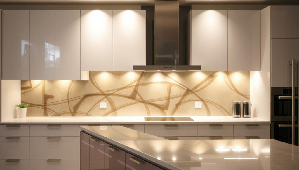 A modern, well-lit kitchen with a striking glass backsplash that serves as the focal point. The backsplash features a bold, abstract pattern in muted, earthy tones that harmonize with the neutral kitchen cabinets and countertops. Soft, directional lighting casts a warm glow, accentuating the depth and texture of the glass surface. The kitchen is spacious, with ample counter space and integrated appliances, creating a seamless, functional design. The overall atmosphere is one of sophistication and elegance, showcasing the versatility and beauty of a custom glass kitchen backsplash.