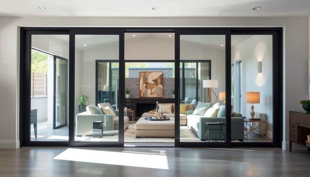 A modern, well-lit living room interior with floor-to-ceiling glass swing doors in the foreground, providing a seamless transition to an adjacent space. The doors have a sleek, minimalist design with clean lines and a frameless glass panel that allows natural light to flow through. The middle ground features plush, neutral-toned furniture and decor, creating a cozy and inviting atmosphere. In the background, glimpses of an outdoor area, such as a balcony or patio, are visible through the glass doors, further enhancing the sense of openness and integration between the indoor and outdoor spaces. The lighting is a combination of natural illumination and subtle, warm-toned ambient lighting, highlighting the materiality and craftsmanship of the custom-designed glass swing doors.