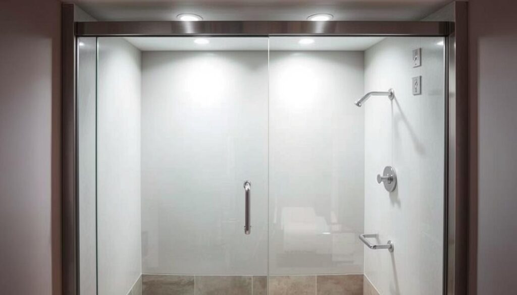 A modern, well-lit shower enclosure made of clear glass panels, framed in sleek, brushed stainless steel. The shower floor is tiled in a neutral, earthy tone, creating a seamless, minimalist aesthetic. Soft, diffused lighting from recessed ceiling fixtures casts a warm, inviting glow, accentuating the transparency and reflective qualities of the glass. The shower area is spacious and uncluttered, with a frameless glass door sliding effortlessly on discreet, high-quality hardware. This design showcases exceptional craftsmanship, attention to detail, and a dedication to creating a luxurious, spa-like bathing experience.