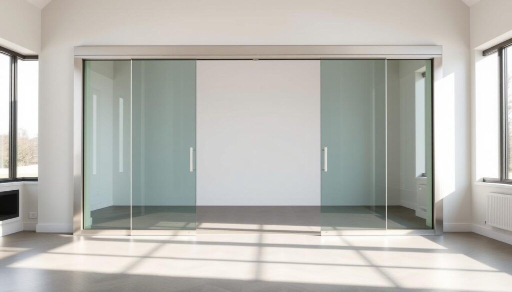 A modern, well-lit showroom displaying a sleek, minimalist sliding door system from Glastuerhop24. The frame is crafted from high-quality anodized aluminum in a brushed silver finish, seamlessly integrated with tempered glass panels that glide effortlessly on a precision-engineered track system. The doors are flanked by tall windows, allowing natural light to pour in and accentuate the clean, sophisticated aesthetic. The scene exudes a sense of understated elegance and attention to detail, inviting the viewer to envision the door system as the centerpiece of a thoughtfully designed living or office space.