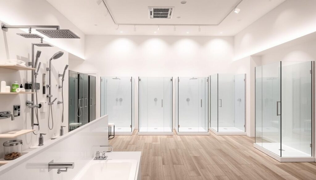 A modern, well-lit showroom interior displaying a range of sleek, frameless 80x80 shower enclosures. The foreground features a prominent display of various shower accessories, including showerheads, faucets, and shelving units, all showcasing a minimalist, high-quality aesthetic. The middle ground showcases several 80x80 shower units, each with a different door configuration and finish, allowing potential customers to envision the options. The background depicts a clean, professional environment with neutral-toned walls and subtle accent lighting, creating a serene and inviting atmosphere for the shopper to explore and discover the perfect shower solution for their needs.