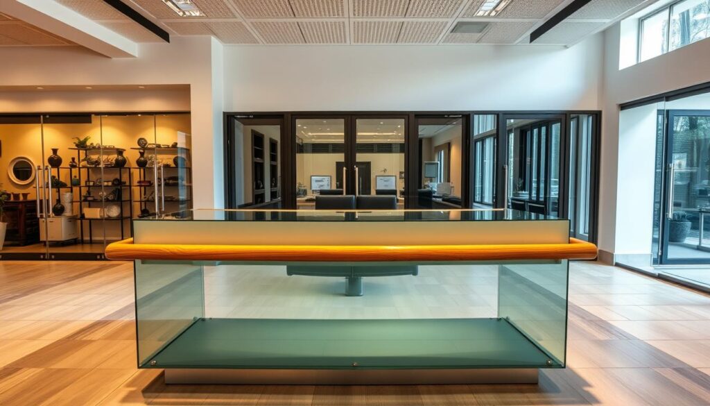 A modern, well-lit showroom interior featuring a prominent glass consultation counter with a sturdy wooden handrail. The counter is positioned in the middle ground, drawing the viewer's attention. Behind it, a display of various glass door styles and designs can be seen, highlighting the wide selection available. The lighting is warm and inviting, creating a comfortable atmosphere for customer consultations. The overall scene conveys a sense of professionalism, expertise, and attention to detail, reflecting the high-quality service and products offered by Glastuerhop24.