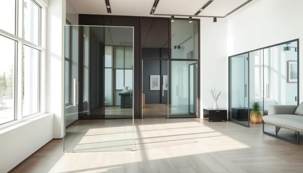 A modern, well-lit showroom interior with a prominent glass display featuring various glass door models. The foreground showcases a sleek, frameless glass door in a neutral tone, reflecting the natural light pouring in from large windows. The middle ground features additional glass door options, each with distinct hardware and design details. The background shows a minimalist, professional setting with clean lines, subtle decor, and a sense of elegance. The overall atmosphere conveys a balance of sophistication, quality, and efficient service, perfectly aligned with the section title "Lieferzeiten und Verfügbarkeit: Schnell ab Lager oder Manufaktur-Fertigung".