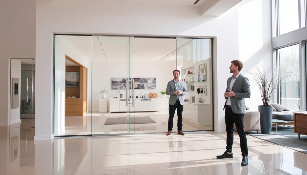 A modern, well-lit showroom interior with a sleek, frameless glass sliding door system taking center stage. The door's clean lines and seamless design create an elegant, minimalist aesthetic. Bright natural light floods the space, reflecting off the glass surfaces and polished floors. In the foreground, a knowledgeable sales consultant stands ready to provide personalized guidance and customization options to the customer. The middle ground showcases various hardware finishes and accessory options, while the background features a neutral color palette and simple decor, allowing the focus to remain on the impressive glass door system.