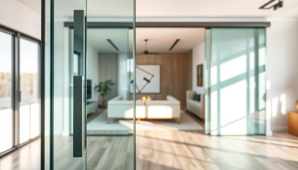 A modern, well-lit showroom setting showcasing a high-quality glass sliding door. The foreground features the glass panel in crisp detail, with clean lines and seamless hardware. The middle ground reveals the door's smooth, effortless sliding motion, while the background depicts a minimalist, contemporary interior design with neutral tones and natural materials, highlighting the door's integration into the living space. Optimal lighting from multiple angles accentuates the glass's clarity and reflections. The overall atmosphere conveys a sense of elegance, functionality, and attention to craftsmanship.