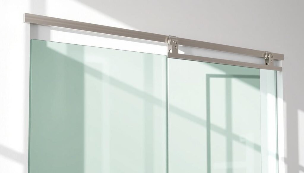 A modern, well-lit sliding door wall featuring a sleek aluminum track system. The track seamlessly blends into the white wall, creating a minimalist and streamlined appearance. The sliding door, made of tempered glass, effortlessly glides along the track, offering a smooth and effortless operation. The hardware is polished and high-quality, complementing the modern aesthetic. Subtle shadows and reflections on the glass add depth and dimension to the scene, while the overall composition emphasizes the simplicity and functionality of the sliding door system. The image conveys a sense of sophistication, efficiency, and attention to detail, reflecting the high-quality nature of the product.