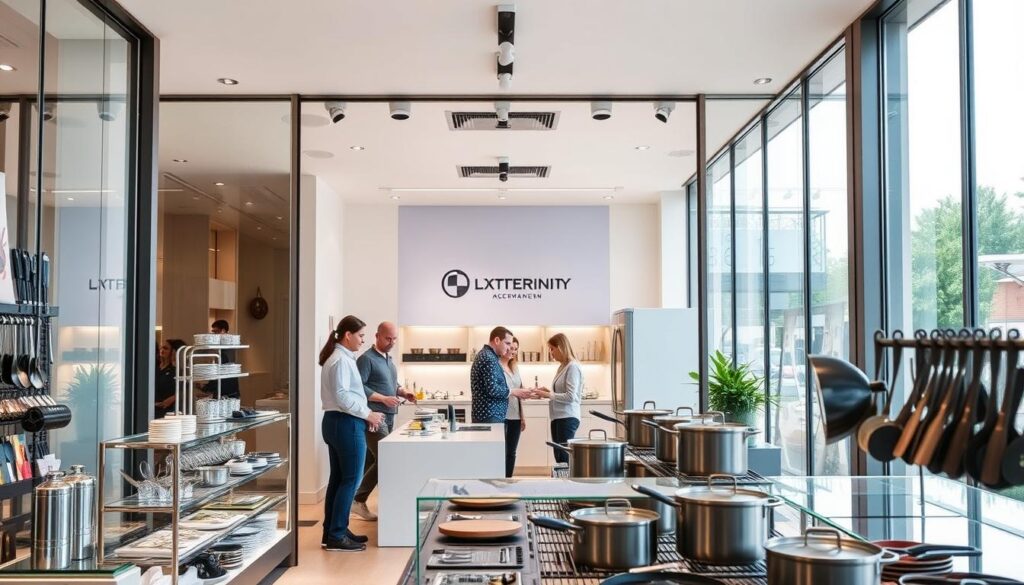 A modern, well-lit storefront with large glass doors and windows, showcasing a sleek and stylish kitchen display. The interior is bright and airy, with clean lines and a minimalist aesthetic. In the foreground, a display of high-quality kitchen accessories, including cookware and utensils, arranged neatly on shelves. In the middle ground, a team of friendly, knowledgeable staff members assist customers, highlighting the brand's commitment to exceptional service. The background features a backdrop of the brand's logo and branding, conveying a sense of professionalism and trust. The overall scene evokes a sense of quality, safety, and a premium shopping experience.