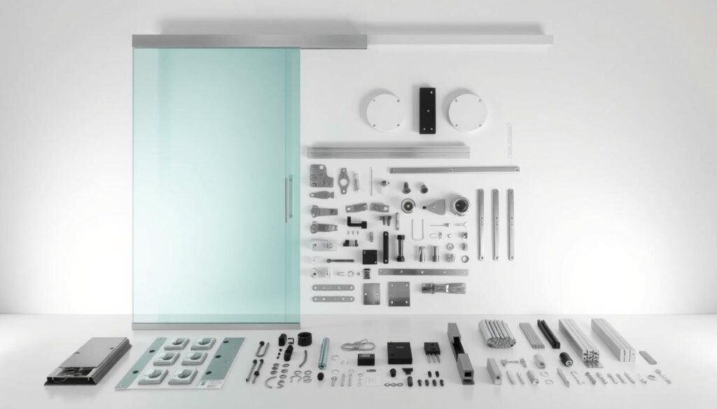 A neatly arranged display of all the components included in a comprehensive sliding door kit. In the foreground, the sleek aluminum frame and tempered glass panel stand out against a soft, diffused light. In the middle ground, various mounting brackets, rails, and hardware pieces are organized on a clean, minimalist surface. The background features a plain, neutral-toned backdrop, allowing the product elements to take center stage. The overall composition conveys a sense of completeness, quality, and attention to detail - everything the user needs to successfully install their new glass sliding door.
