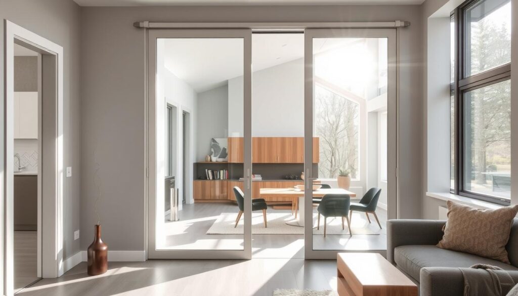 A pendulum-style swinging glass door, illuminated by natural light streaming through large windows, showcasing its seamless integration into a modern, minimalist home interior. The door's tempered glass panels reflect the surrounding environment, creating a sense of openness and flow between the spaces. Muted tones of gray, white, and wood accents contribute to an elegant, sophisticated atmosphere. The door's hinges and handles are discreetly designed, allowing the focus to remain on the transparent, weightless appearance. This versatile, space-saving solution effortlessly adapts to various room layouts, enhancing the functionality and aesthetic appeal of the living space.