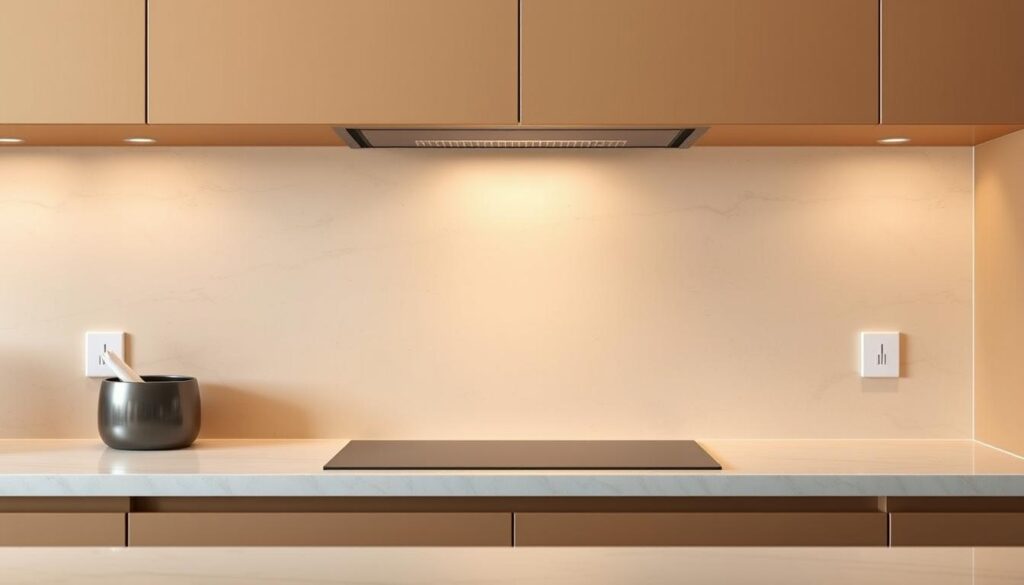 A precisely crafted, custom-fitted kitchen backsplash in a warm, neutral tone, with a smooth, seamless finish that effortlessly integrates into the kitchen's design. The backsplash extends from the countertop to the underside of the upper cabinets, creating a cohesive, high-end look. Subtle textures and a matte sheen add depth and visual interest, while the clean, minimalist aesthetic complements the modern kitchen's overall style. Dramatic, directional lighting casts a warm glow, highlighting the backsplash's refined craftsmanship and attention to detail.